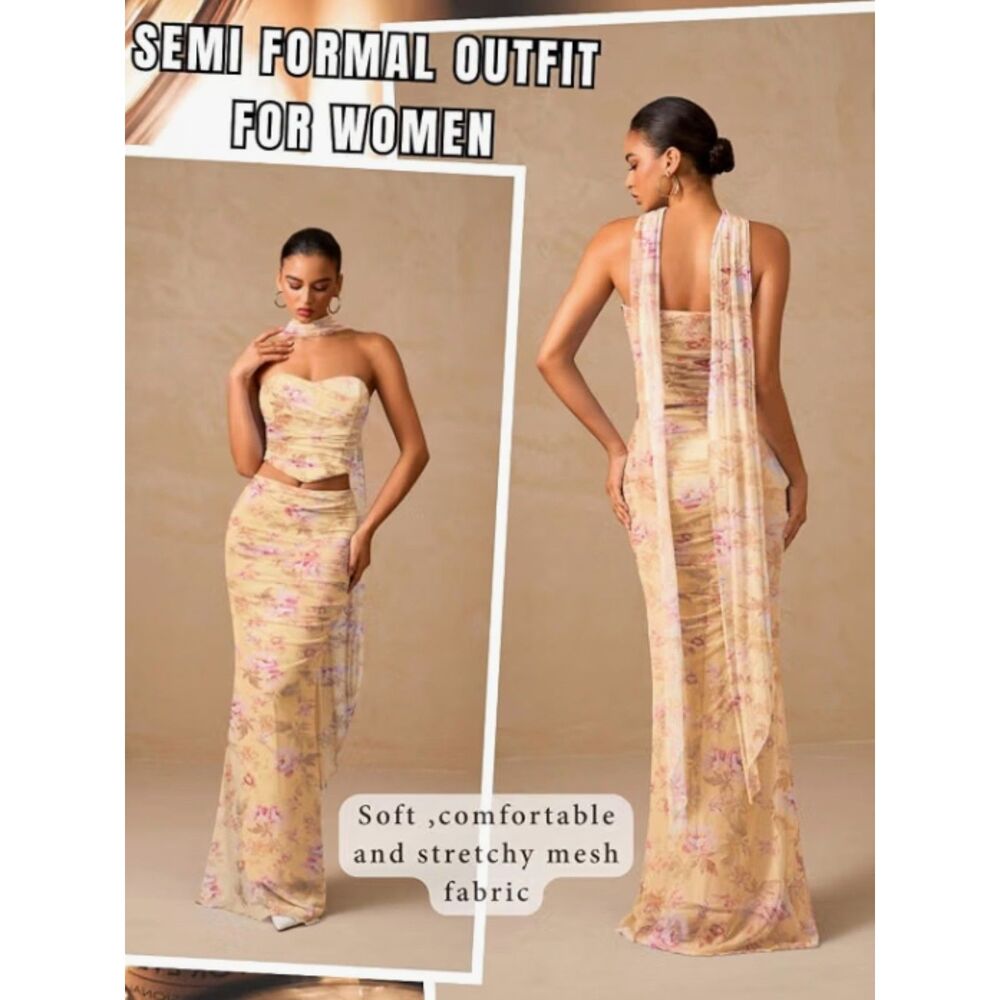 Floral Mesh Corset Maxi Skirt Set Y2K Wedding Guest Prom 3 Piece - Picture 8 of 9